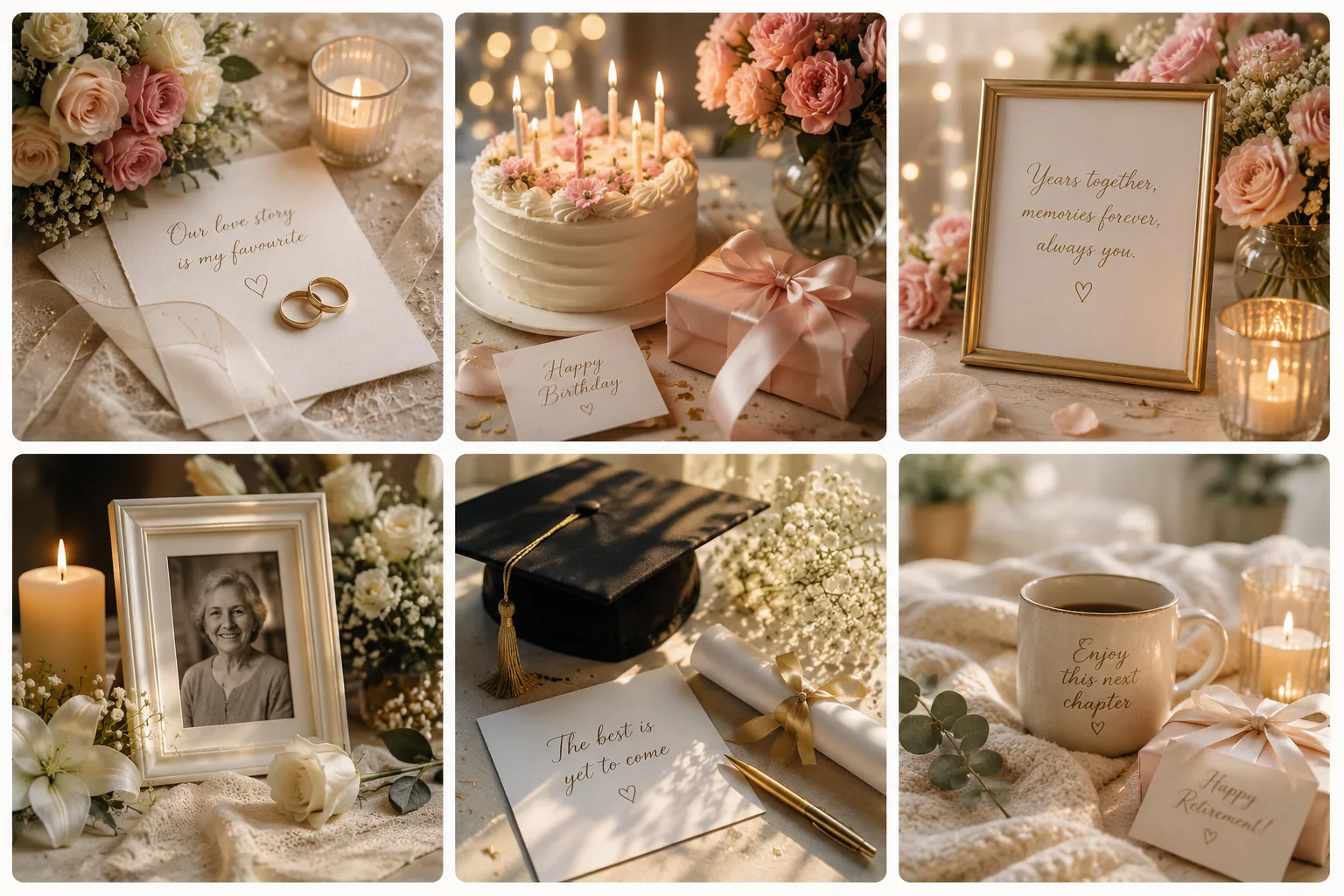 A collage of milestone moments โ weddings, birthdays, anniversaries, memorials, pet memorials, graduations and retirements