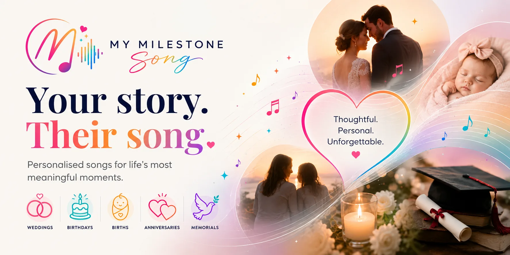 My Milestone Song โ Your story. Their song. Personalised songs for weddings, birthdays, births, anniversaries, memorials and pet memorials.